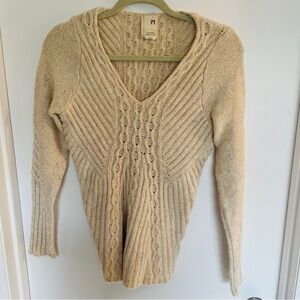 Anthropologie Far Away From Close, Vintage Cozy‎ Fall, Cream V-Neck Sweater, M